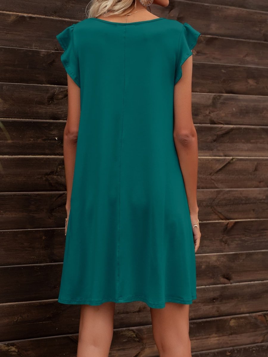 Round Neck Flutter Sleeve Dress with Pockets - CELIVINE