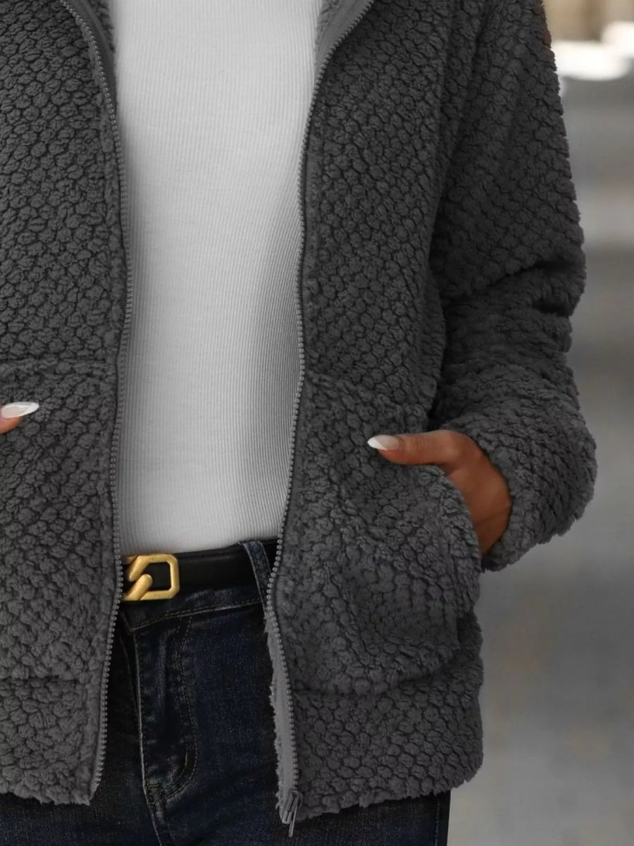 Textured Knit Zip - Up Hooded Outerwear - CELIVINE