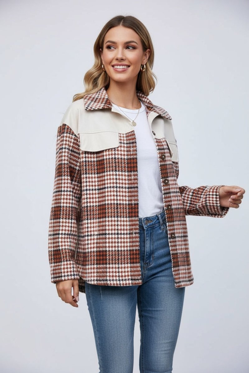 Plaid Collared Neck Drop Shoulder Jacket - CELIVINE