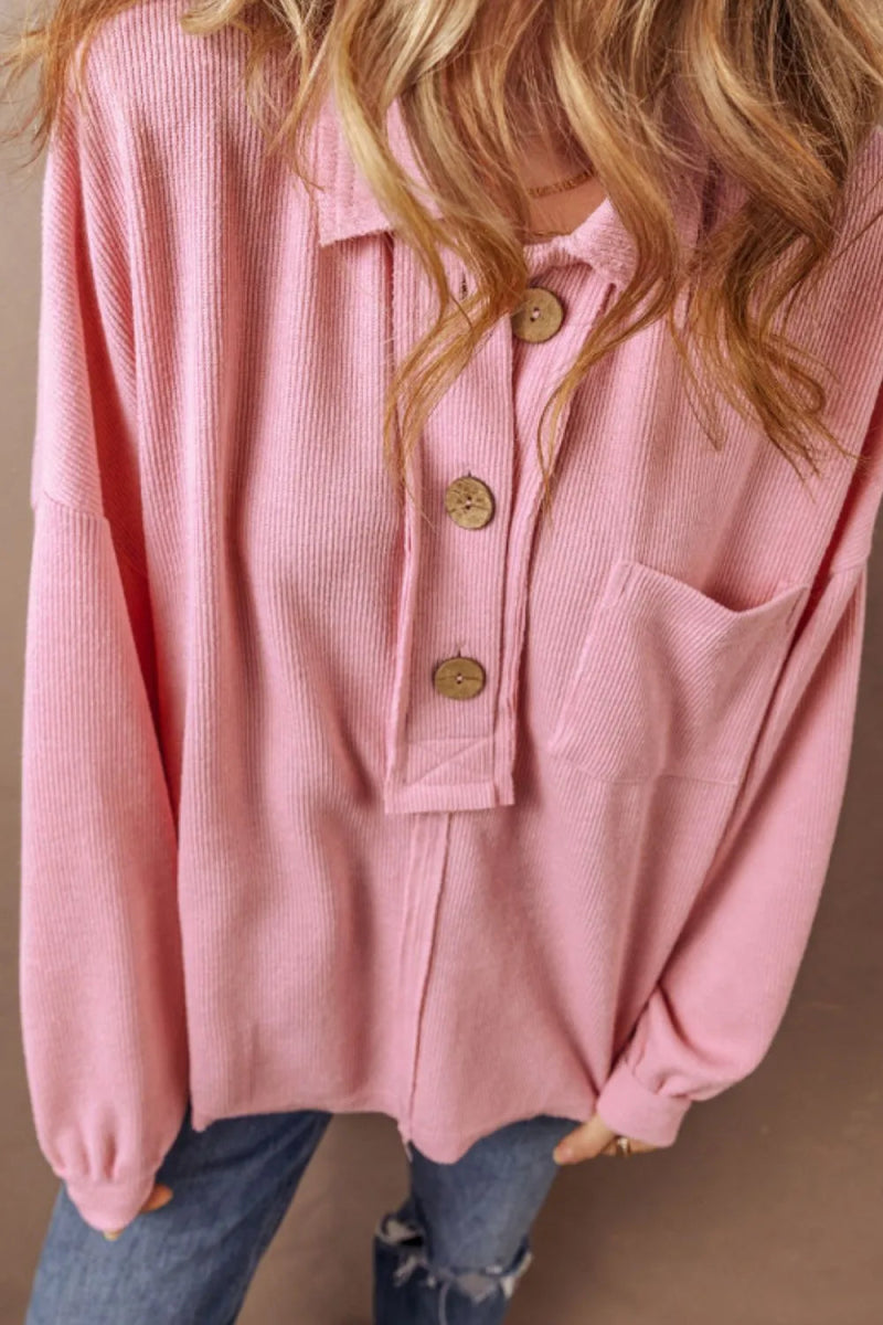 Pocketed Half Button Long Sleeve Sweatshirt - CELIVINE