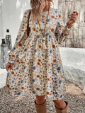 Floral Print Long Sleeve Tiered Dress - CELIVINE