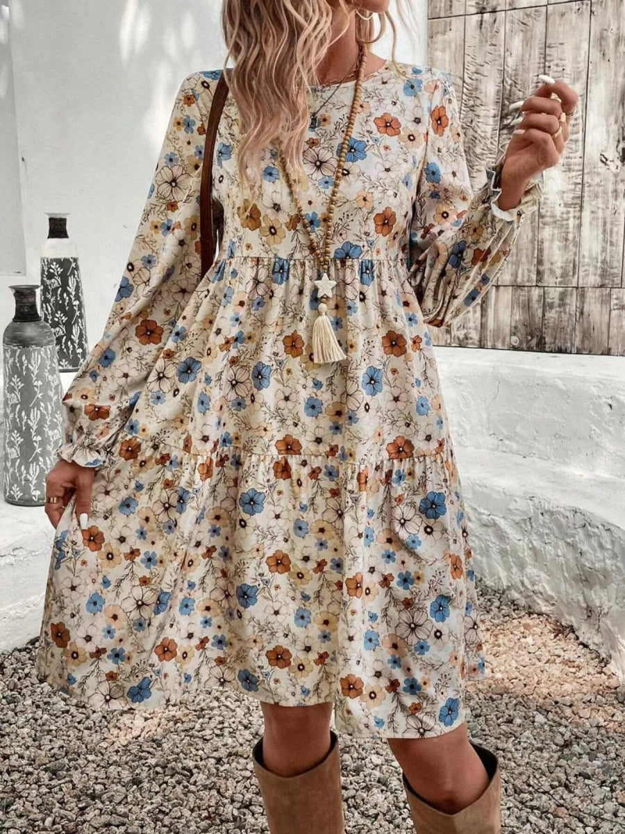 Floral Print Long Sleeve Tiered Dress - CELIVINE