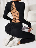 Lace - Up Back Round Neck Top and Leggings Active Set - CELIVINE