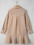 Stripe Ruffled Hem Collared Long Sleeve Shirt Mini Dress - CELIVINE
