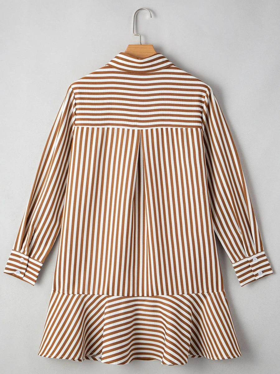 Stripe Ruffled Hem Collared Long Sleeve Shirt Mini Dress - CELIVINE