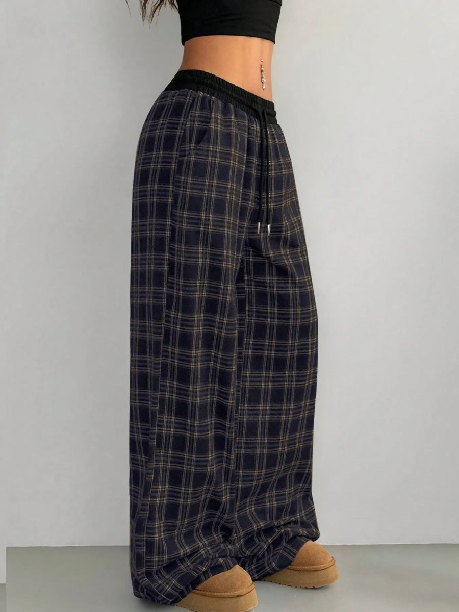 Plaid Wide Leg Pants with Drawstring Waist - CELIVINE