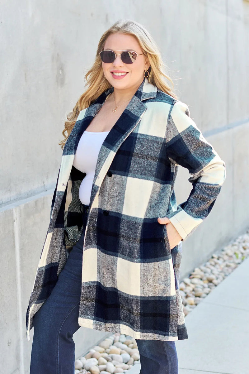 Double Take Full Size Plaid Button Up Lapel Collar Coat - CELIVINE