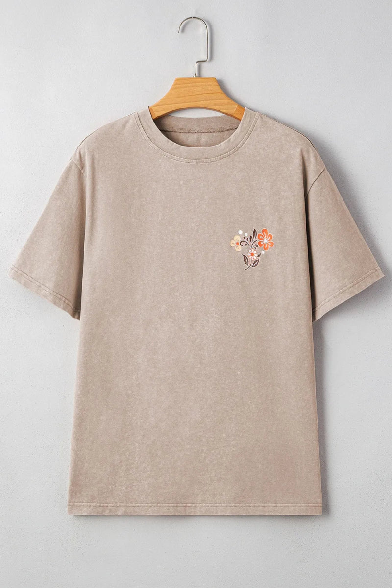 Mineral Wash Floral Steer Head Printed Back Western Fashion Tee - CELIVINE