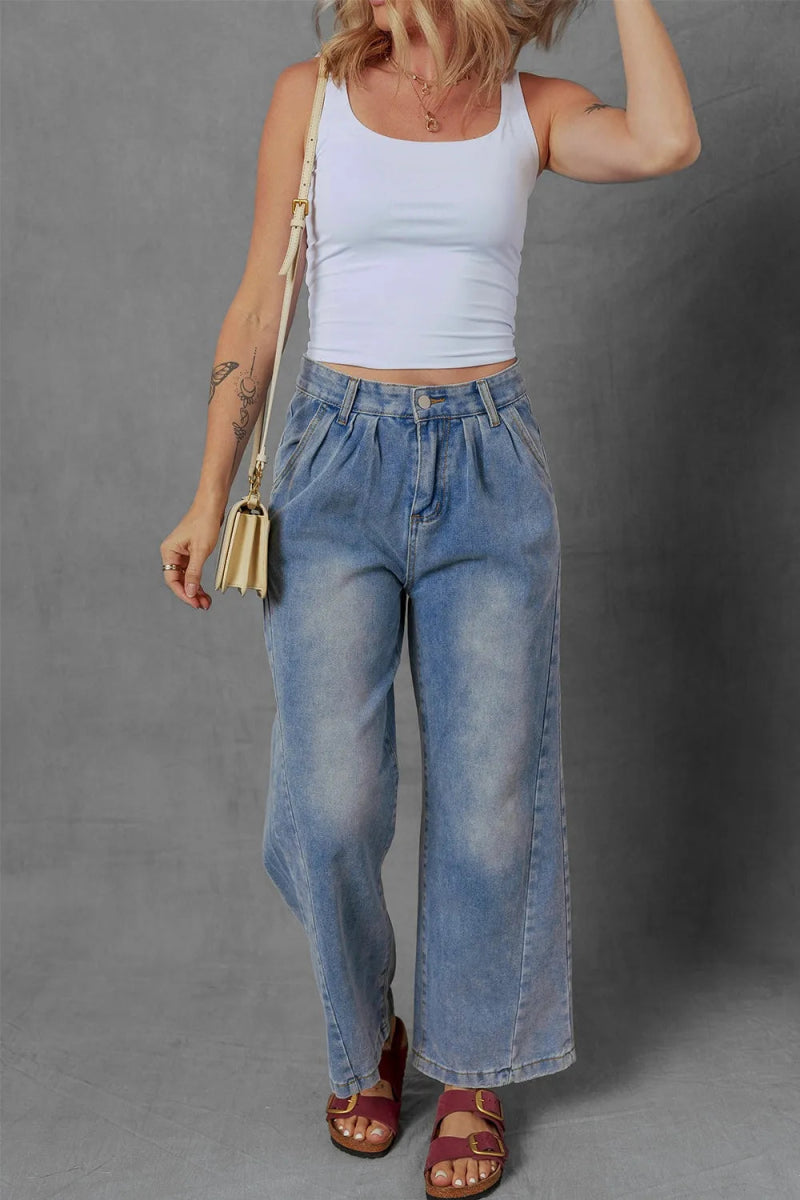 High - Waist Wide Leg Pleated Denim Jeans - CELIVINE