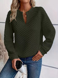 Quilted Texture Long Sleeve Sweatshirt with Notched Neck - CELIVINE