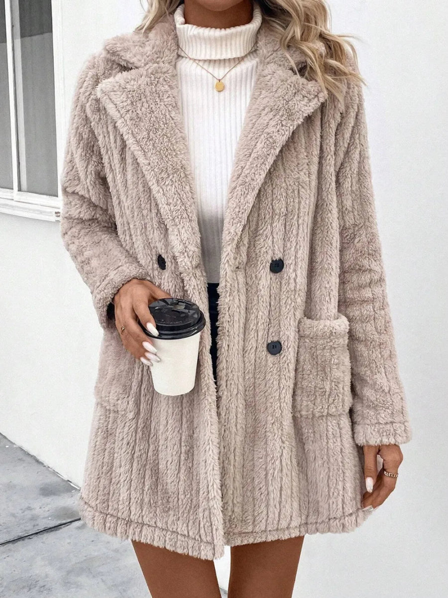 Fuzzy Button Up Long Sleeve Coat with Pockets - CELIVINE