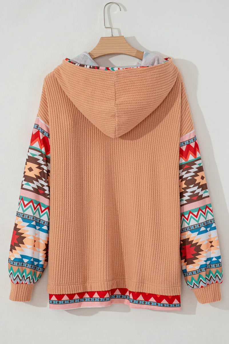 Plus Size Drawstring Geometric Long Sleeve Hoodie - CELIVINE