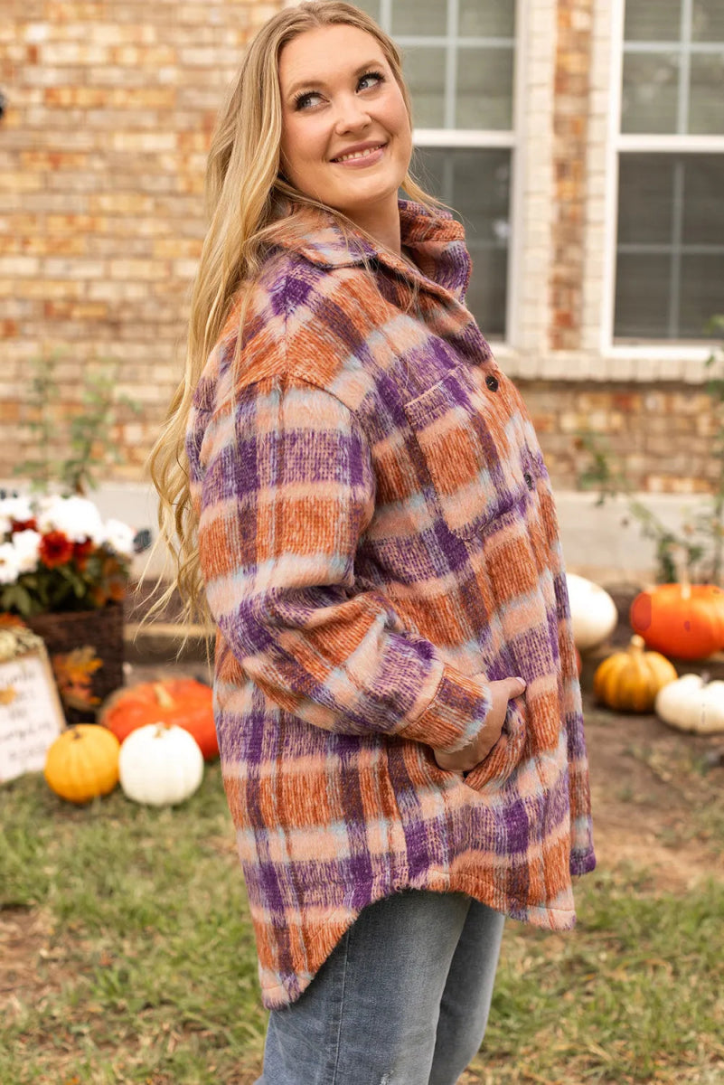 Plus Size Plaid Collared Neck Long Sleeve Jacket - CELIVINE
