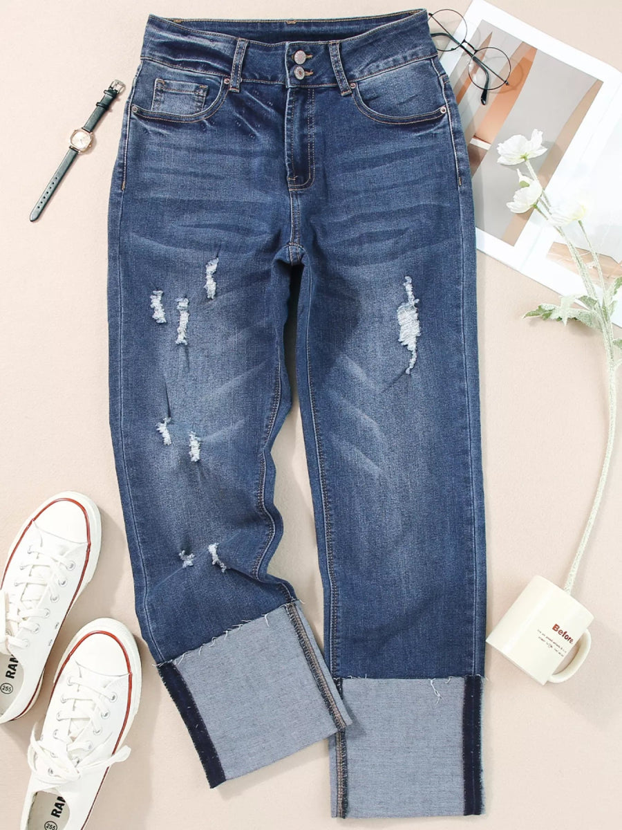 High Waist Distressed Straight Leg Jeans - CELIVINE