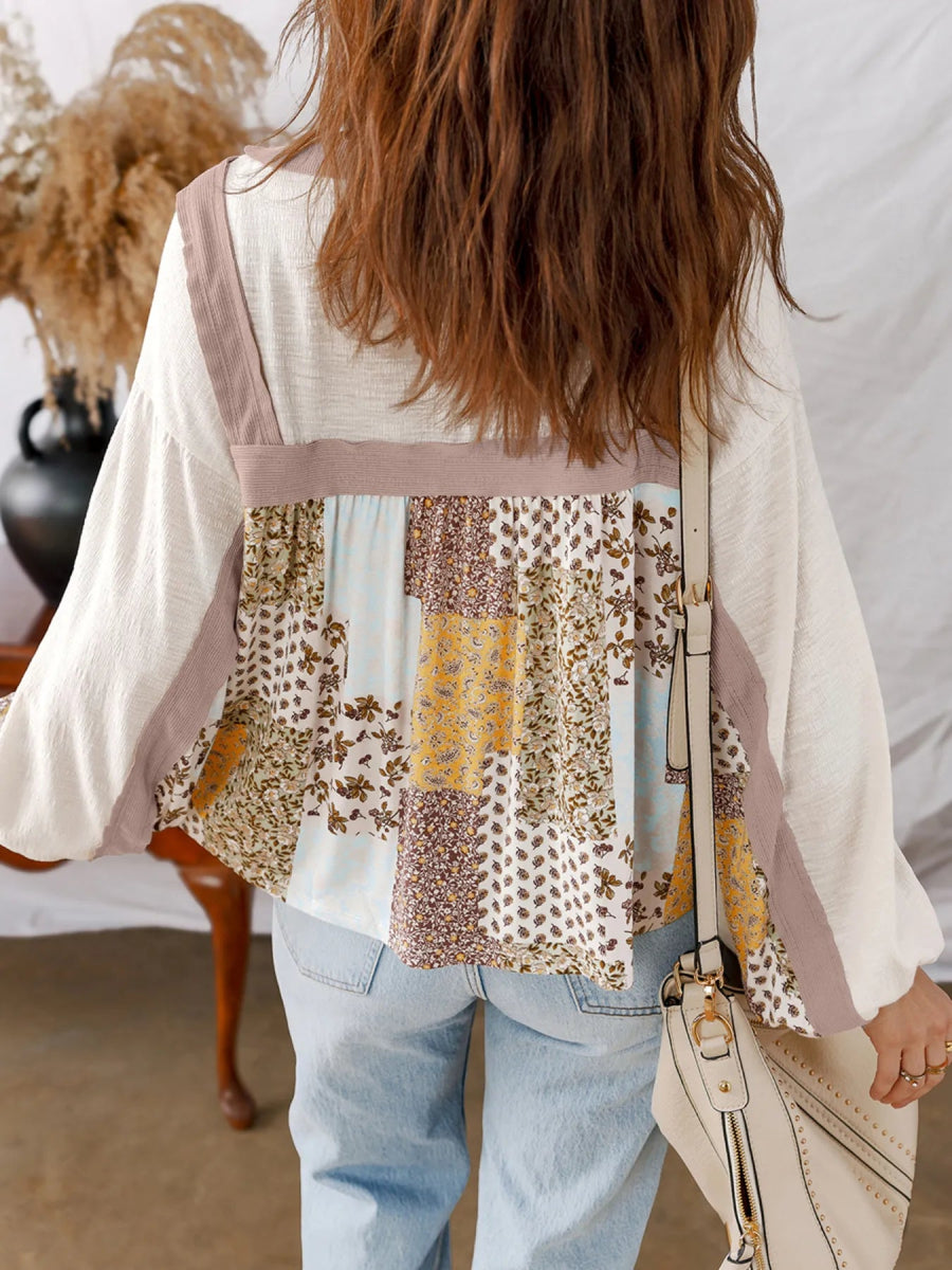Floral Printed Contrast Patchwork Long Sleeve Top - CELIVINE