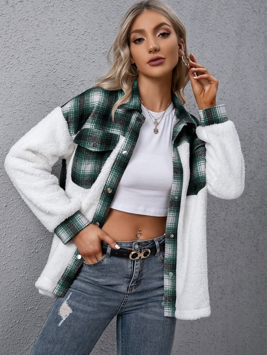 Plaid Collared Neck Button Down Jacket - CELIVINE
