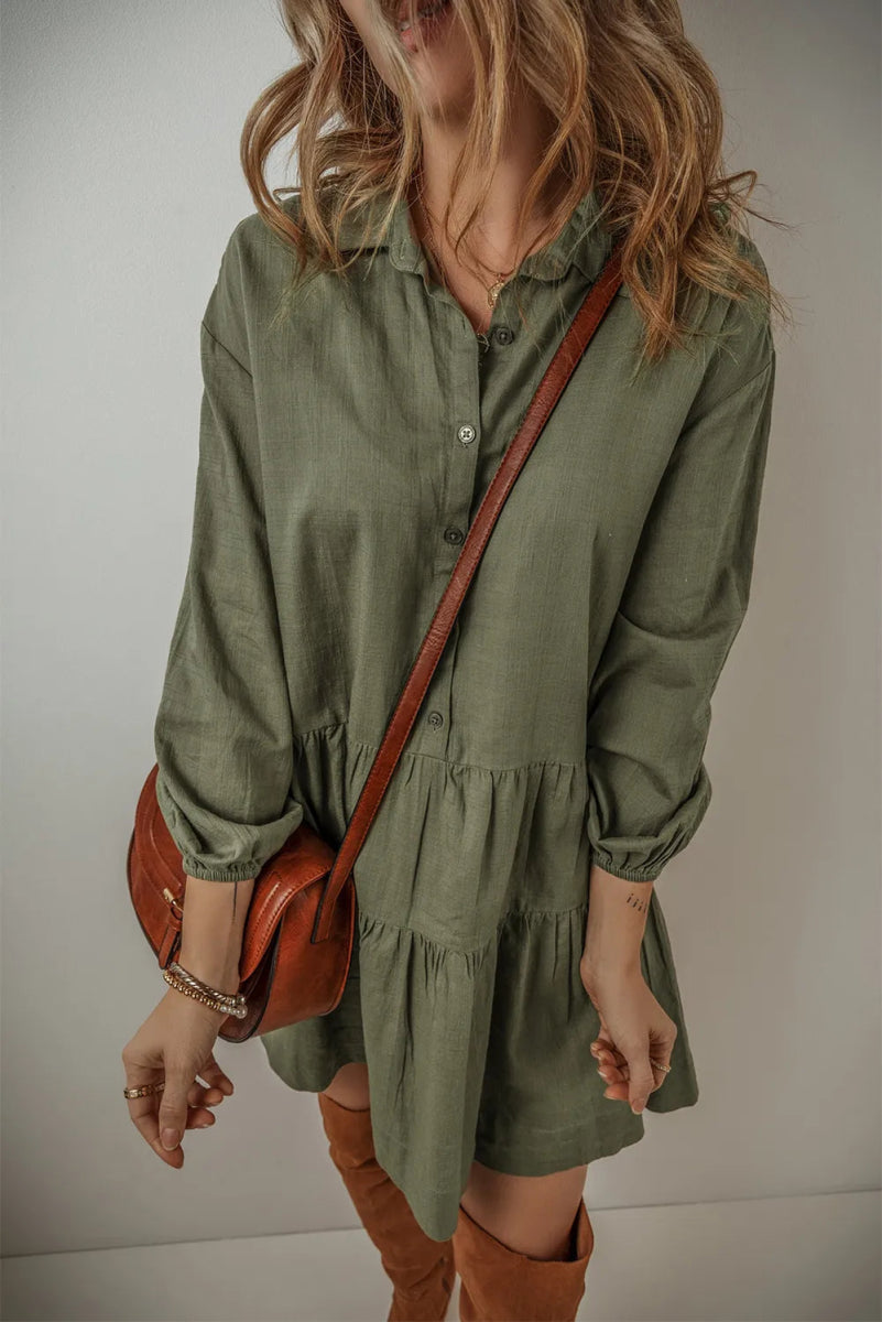 Tiered Collared Neck Balloon Sleeve Shirt Dress - CELIVINE
