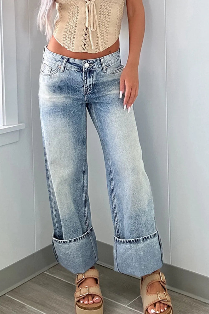 Washed Wide Leg Jeans with Pockets - CELIVINE