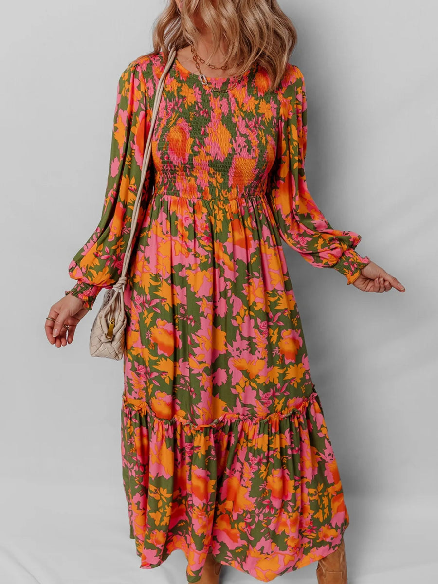 Smocked Floral Print Long Sleeve Maxi Dress - CELIVINE