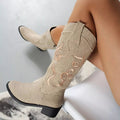 Embroidered Point Toe Block Heels Boots - CELIVINE