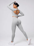 Back Crisscross Round Neck Long Sleeve Top and Leggings Active Set - CELIVINE