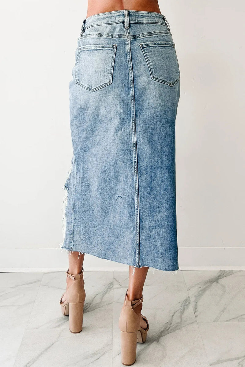 Distressed Asymmetrical Denim Skirt with Frayed Hem - CELIVINE