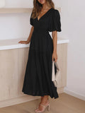 V - Neck Puff Sleeve Midi Dress - CELIVINE