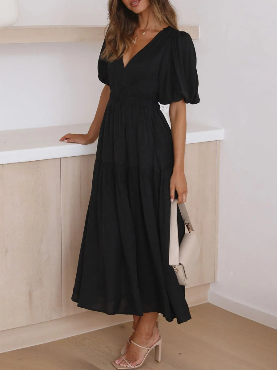 V - Neck Puff Sleeve Midi Dress - CELIVINE