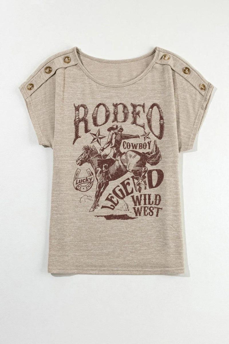 Decorative Button Graphic Round Neck Short Sleeve T-Shirt - CELIVINE