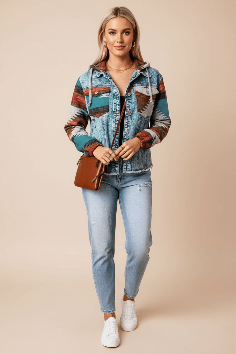 Drawstring Hooded Pocketed Denim Jacket - CELIVINE