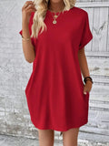 Pocketed Round Neck Short Sleeve Dress - CELIVINE