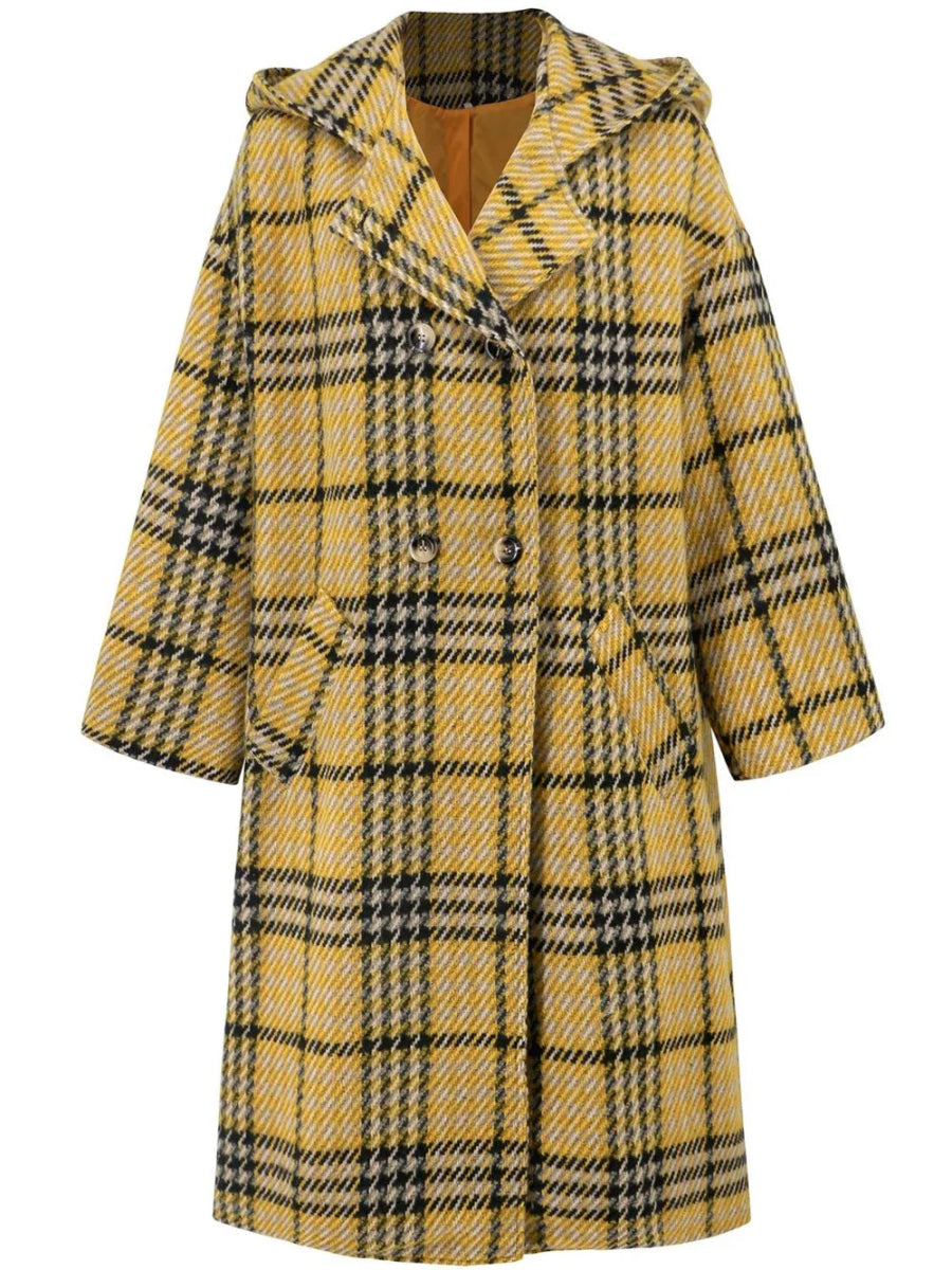 Plaid Double - Breasted Long Sleeve Longline Coat - CELIVINE