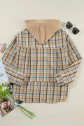 Drawstring Waffle Knit Patchwork Hooded Plaid Shacket - CELIVINE