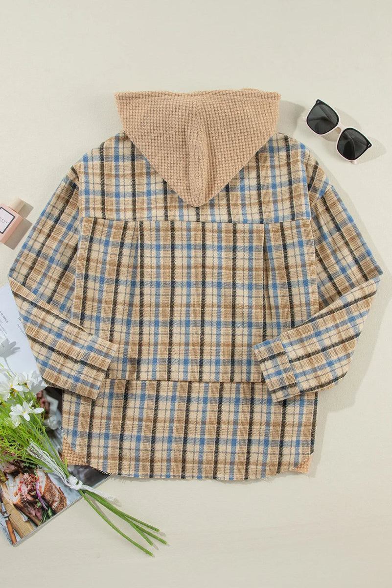 Drawstring Waffle Knit Patchwork Hooded Plaid Shacket - CELIVINE