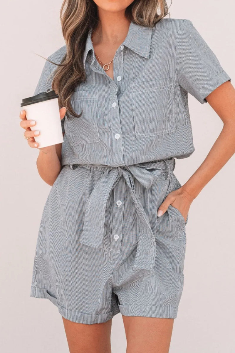 Stripe Chest Pockets Tie Waist Romper - CELIVINE