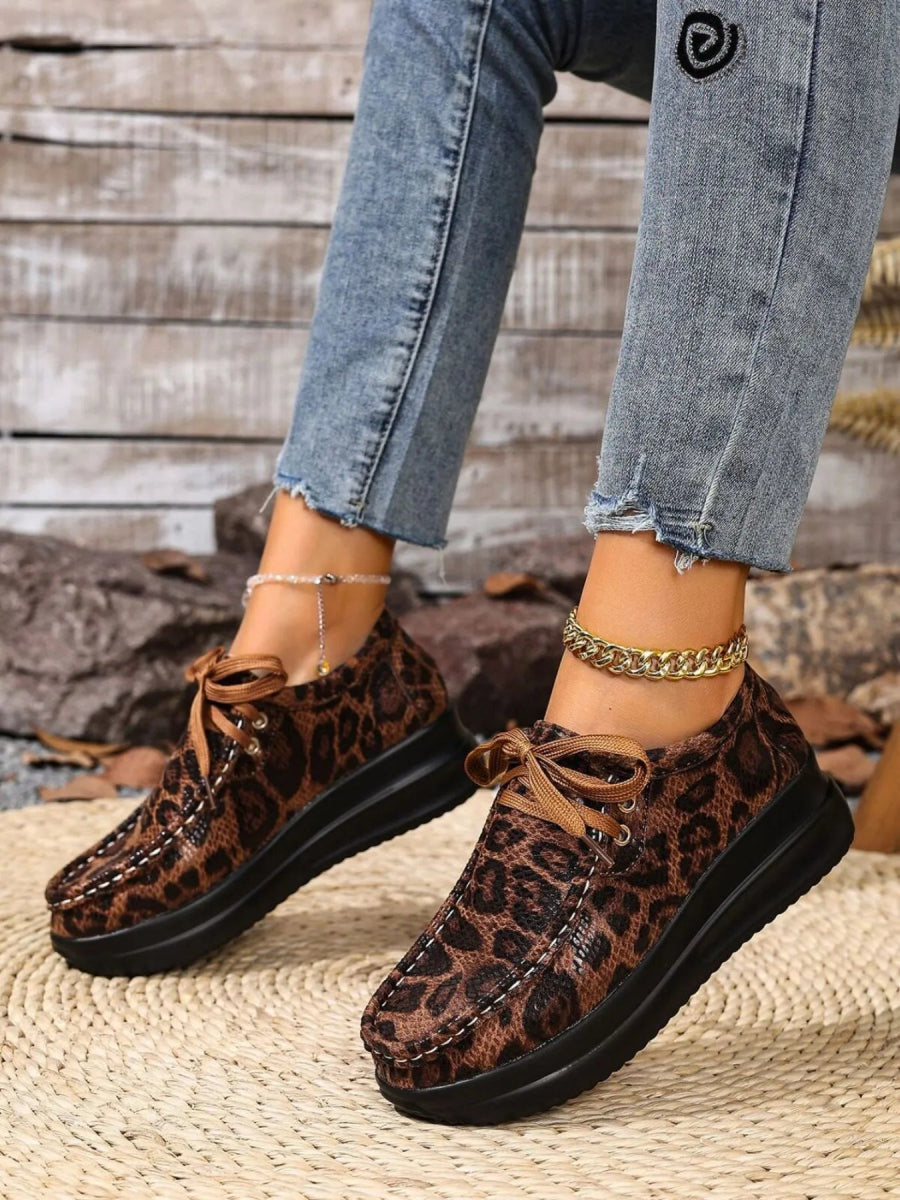 Leopard Round Toe Platform Loafers - CELIVINE