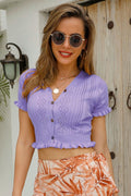 Buttoned Frill Hem Cropped Knit Top - CELIVINE