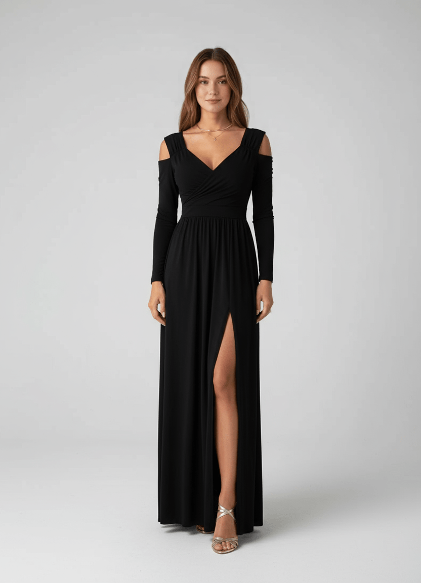 Slit Surplice Cold Shoulder Maxi Dress - CELIVINE