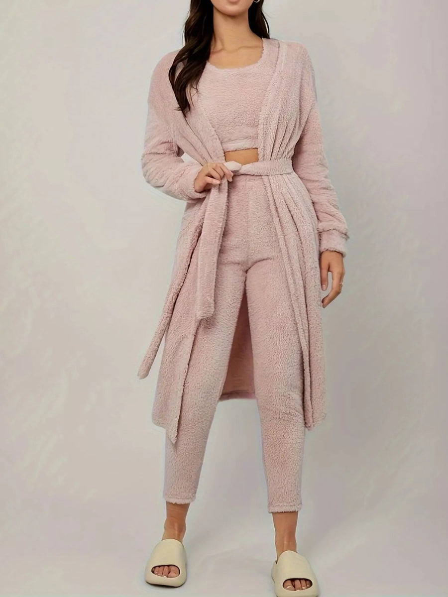 Fuzzy Tank Long Sleeve Cardigan and Pants 3 - Piece Lounge Set - CELIVINE