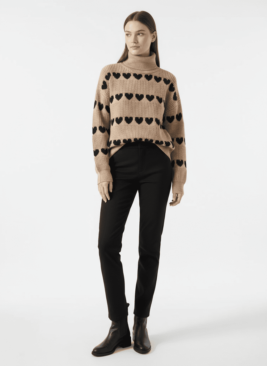 Heart Turtleneck Dropped Shoulder Sweater - CELIVINE