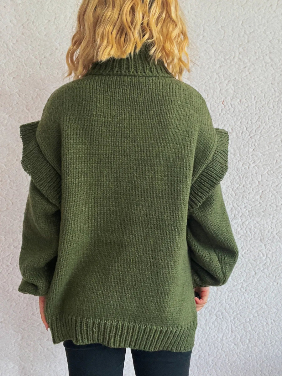 Ruffled Turtleneck Long Sleeve Sweater - CELIVINE
