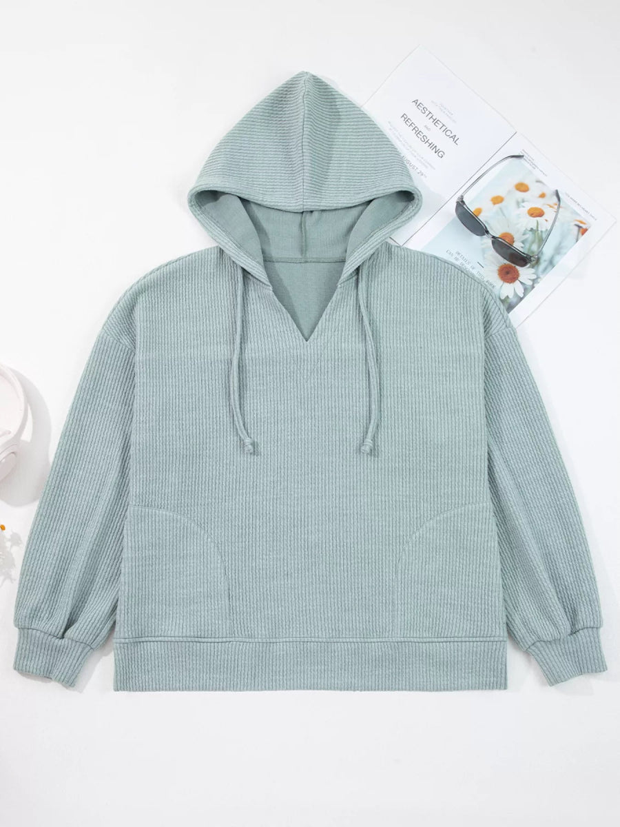 Ribbed Drop Shoulder Knit Hoodie - CELIVINE
