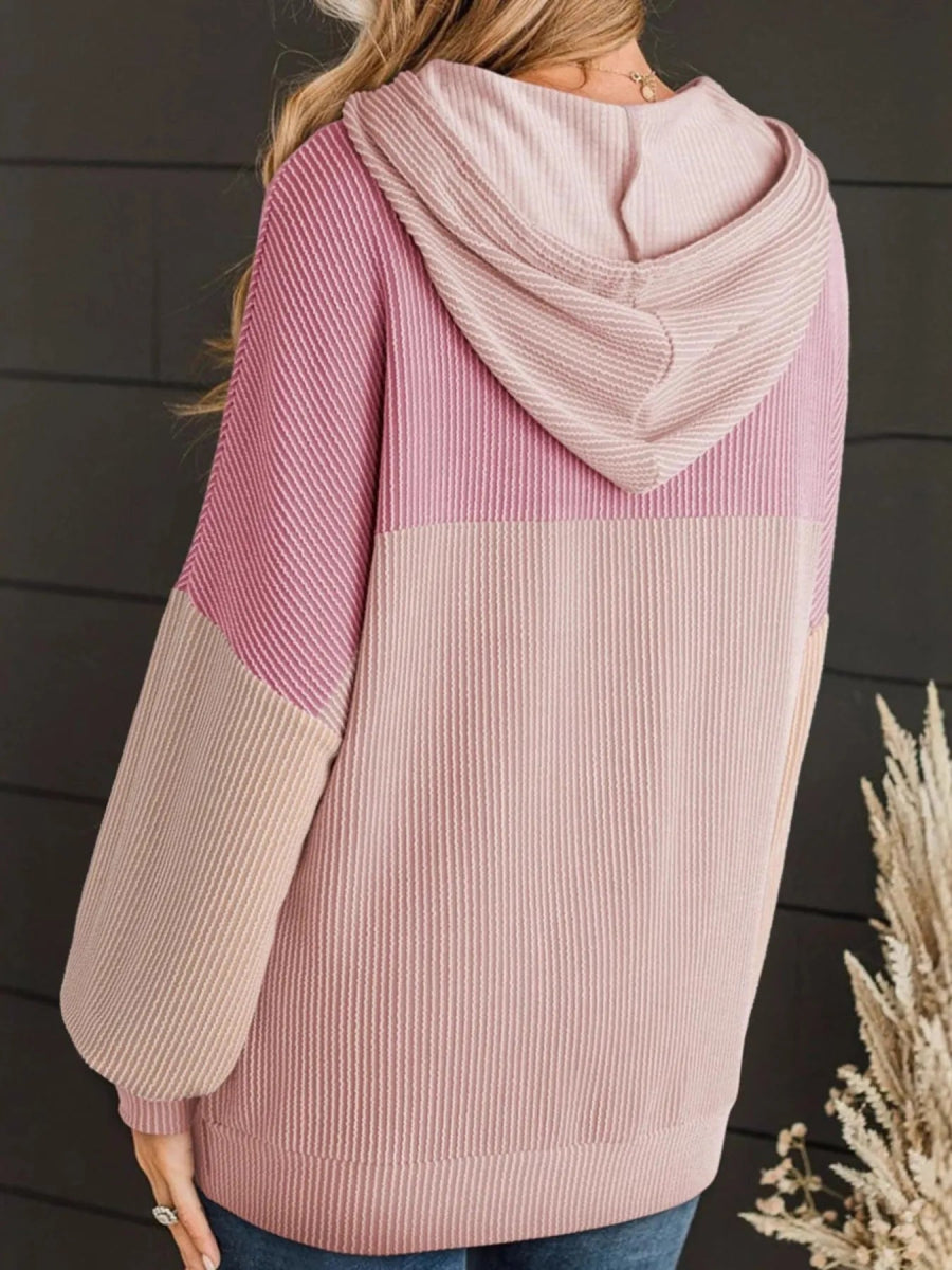 Drawstring Color Block Long Sleeve Hoodie - CELIVINE