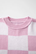 Checkered Exposed Seam Drooped Shoulder Sweater - CELIVINE