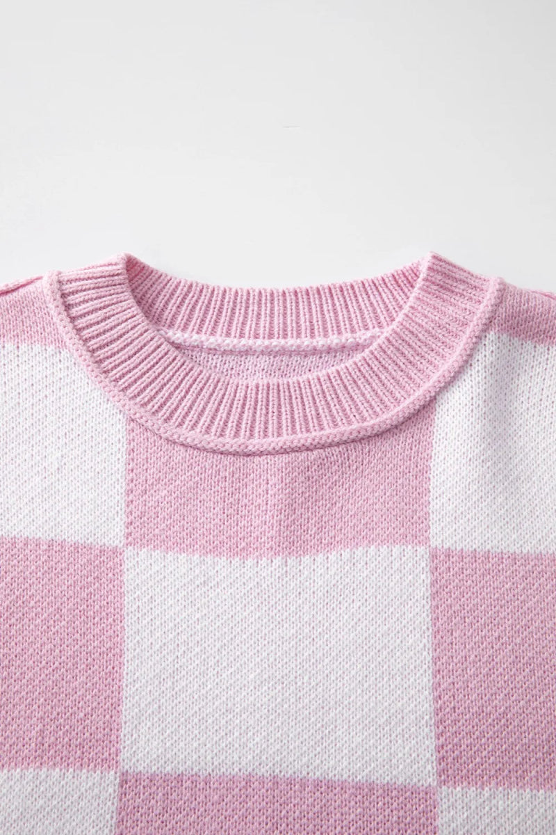 Checkered Exposed Seam Drooped Shoulder Sweater - CELIVINE