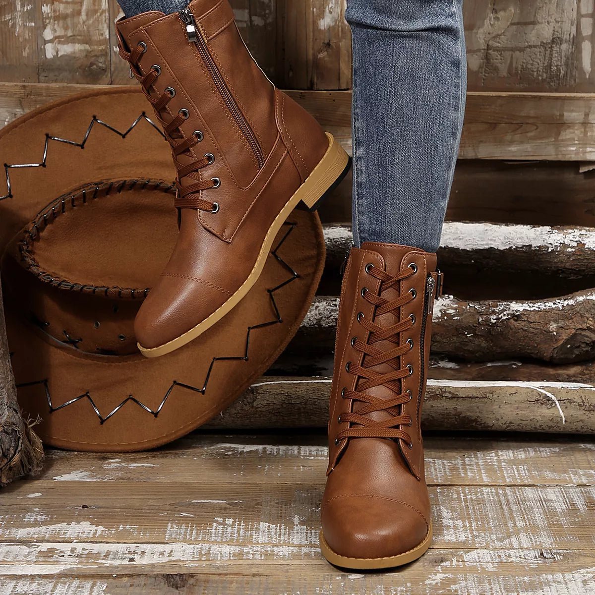 Round Toe Block Heels Boots - CELIVINE