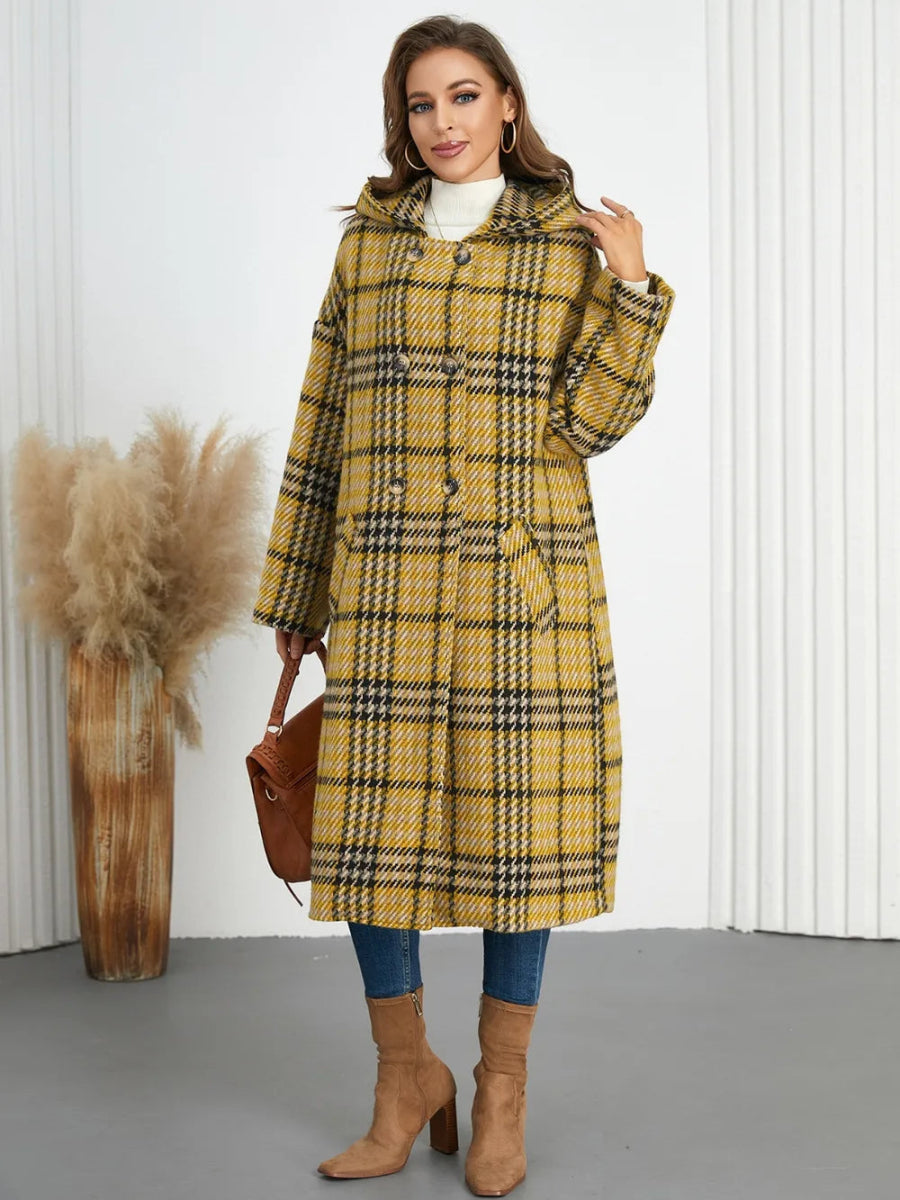 Plaid Double - Breasted Long Sleeve Longline Coat - CELIVINE
