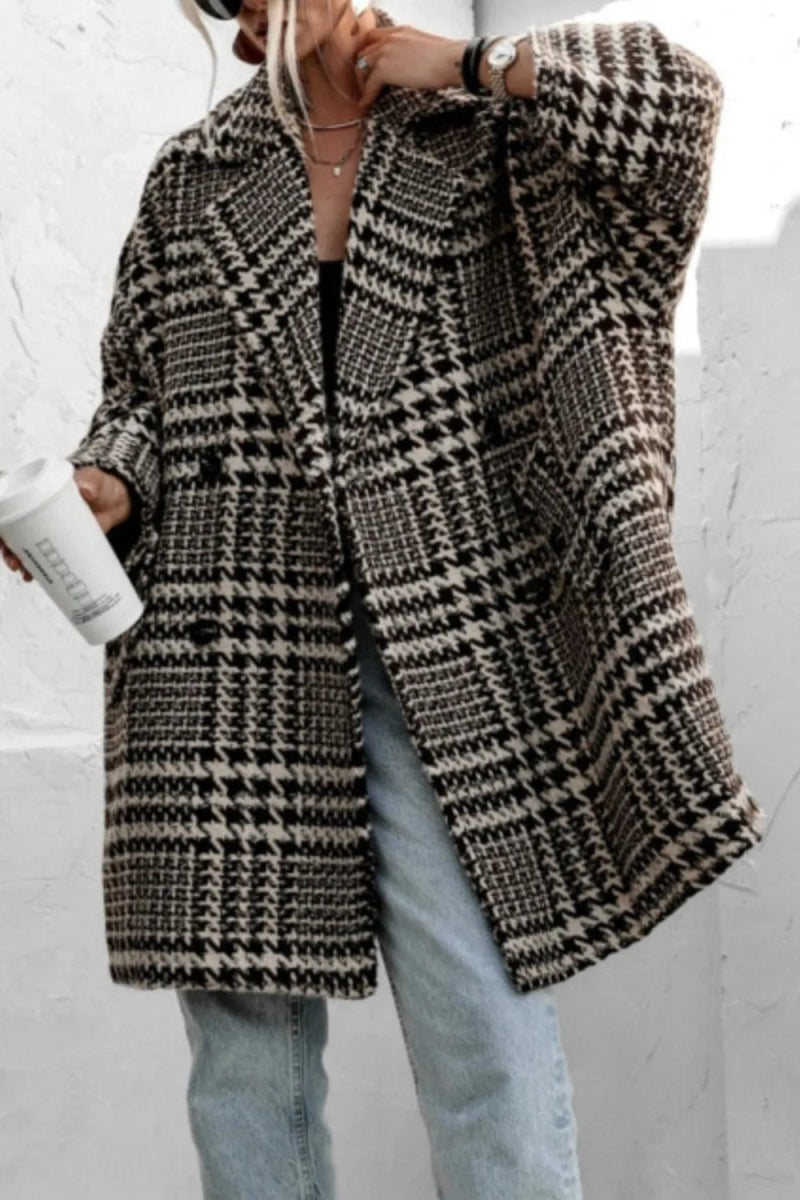 Houndstooth Collared Neck Long Sleeve Coat with Pockets - CELIVINE