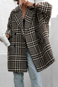 Houndstooth Collared Neck Long Sleeve Coat with Pockets - CELIVINE