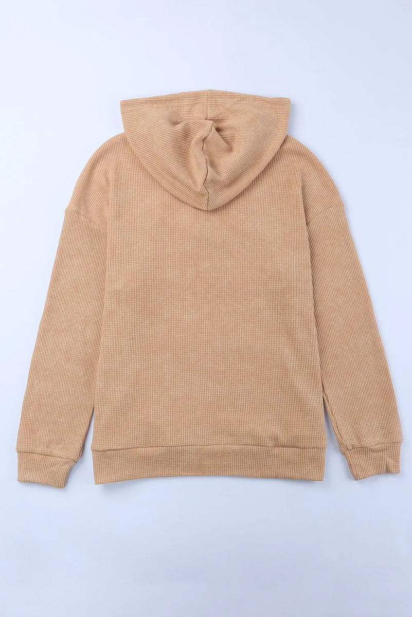 Waffle - Knit Drawstring Kangaroo Pocket Hoodie - CELIVINE